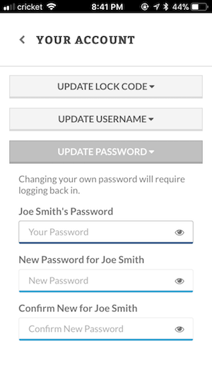 Changing passwords in account settings