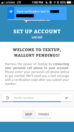Associate personal phone number waiting for text